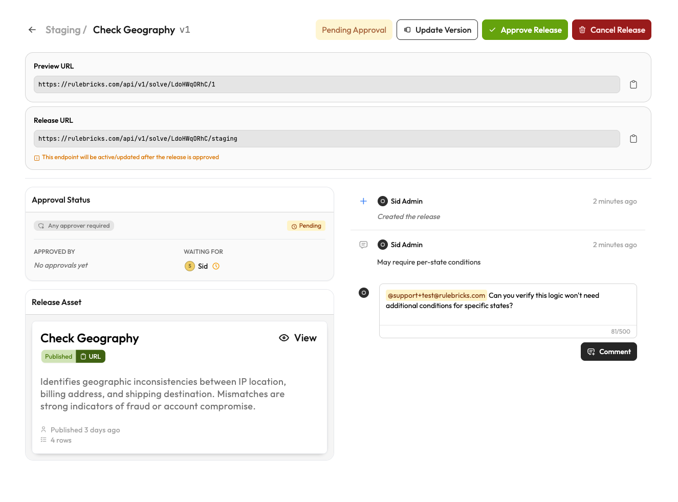 The release detail view shows approval status, the release asset, and a collaborative activity feed