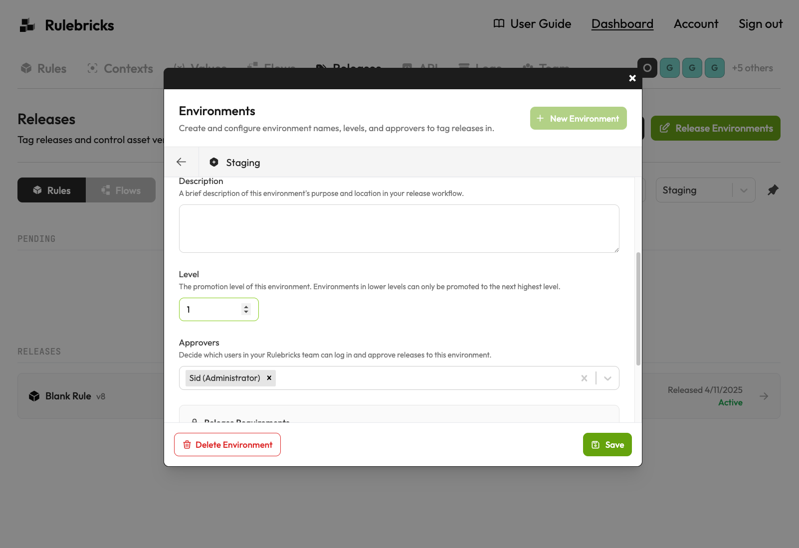 Environment configuration showing level settings and approver selection