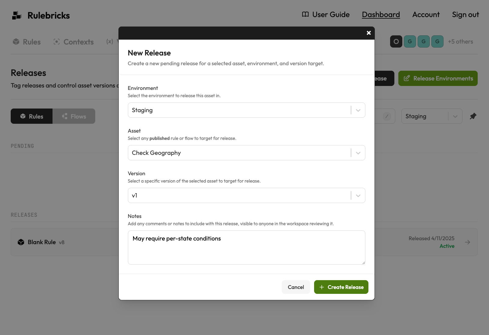 Creating a new release requires selecting an environment, a published asset, and a specific version
