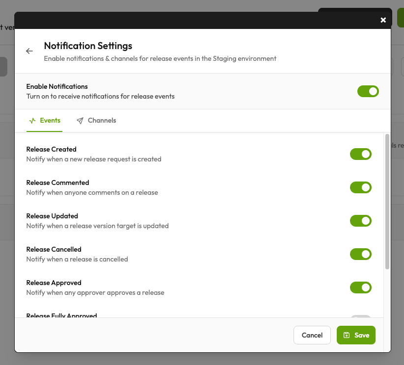 The events tab allows you to enable or disable notifications for specific release activities