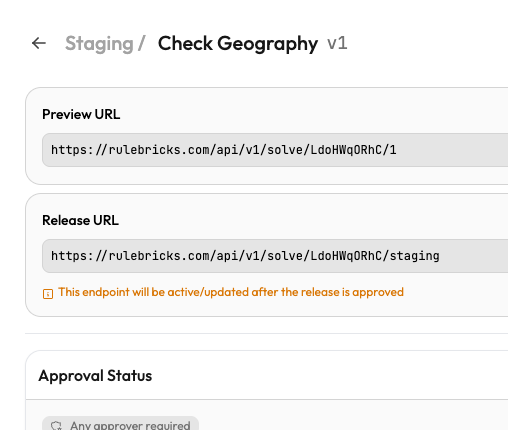 A pending release shows both the Preview URL (version-specific) and Release URL (environment-specific)