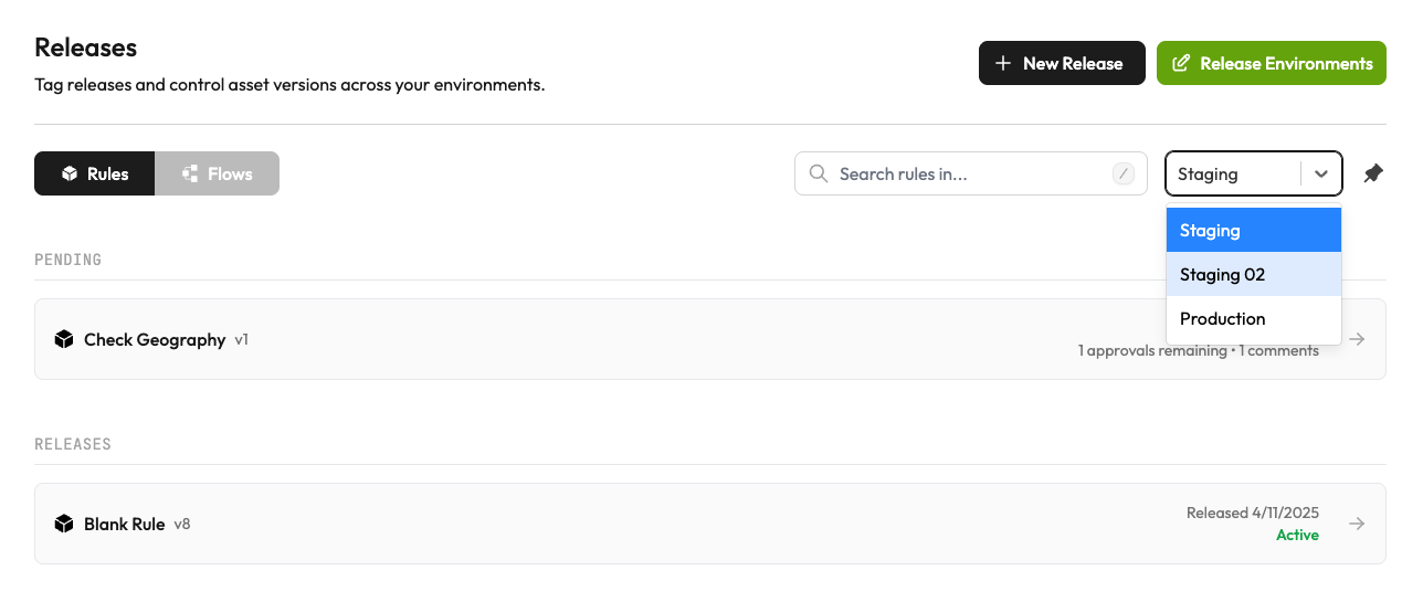 Filtering releases by environment helps you focus on what matters for each deployment target
